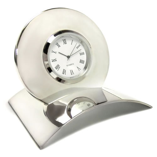 Engraved Silver Plated Desk Clock On Curved Base Business Gifts